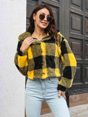 Plaid Dropped Shoulder Buttoned Jacket - Trendsi