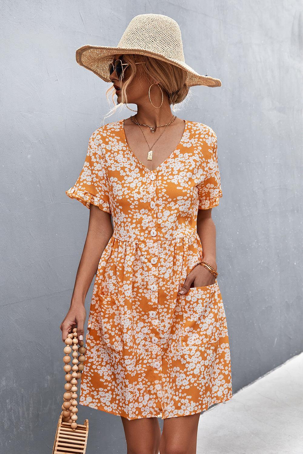 Printed Button down Pocketed Dress - Trendsi