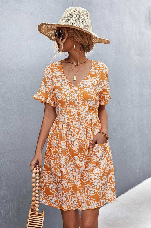 Printed Button down Pocketed Dress - Trendsi - Flyclothing LLC