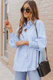 Striped Lantern Sleeve Collared Shirt - Trendsi - Flyclothing LLC