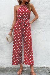 Polka Dot Grecian Wide Leg Jumpsuit - Trendsi