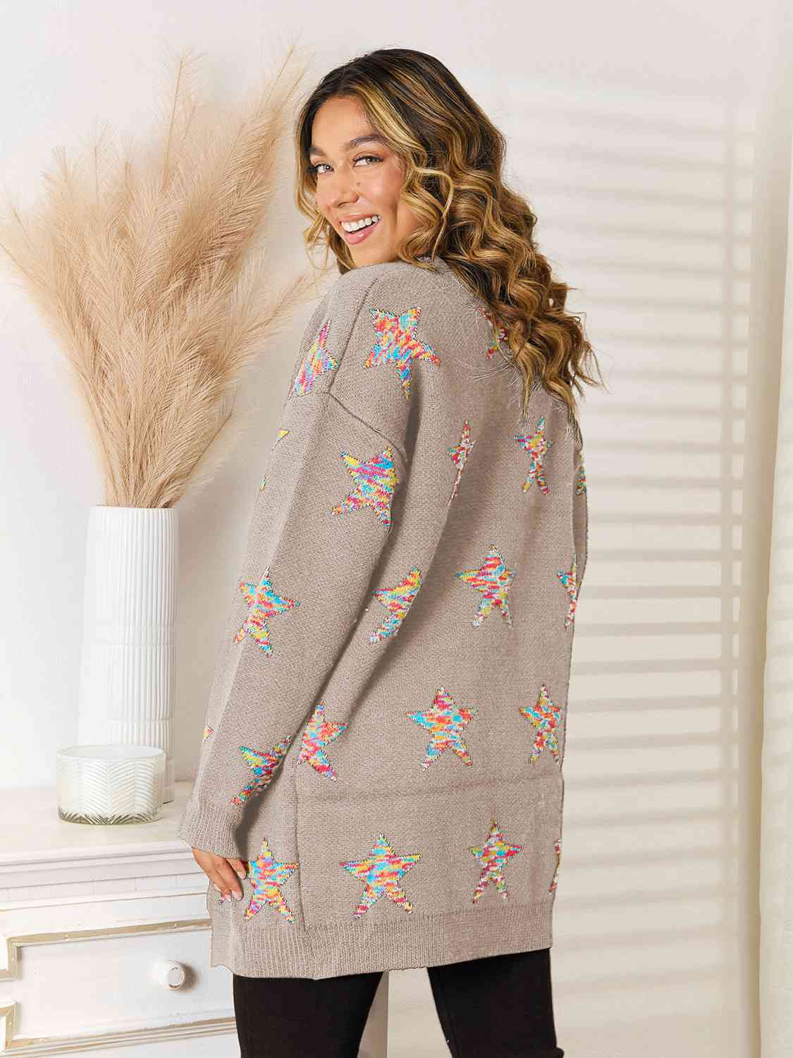Star Pattern Open Front Cardigan with Pockets - Trendsi - Flyclothing LLC