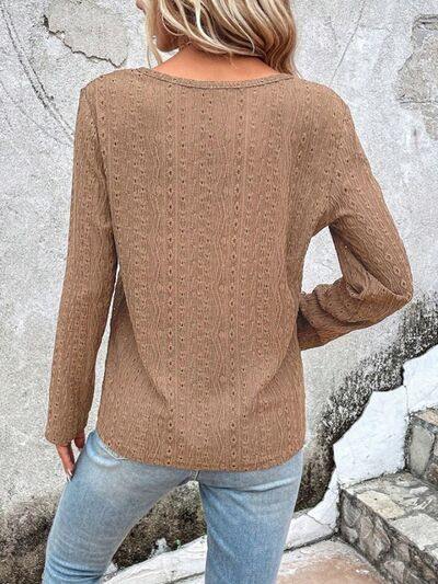 Openwork Half Button Long Sleeve Blouse - Trendsi