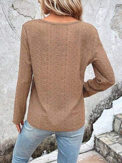 Openwork Half Button Long Sleeve Blouse - Trendsi - Flyclothing LLC
