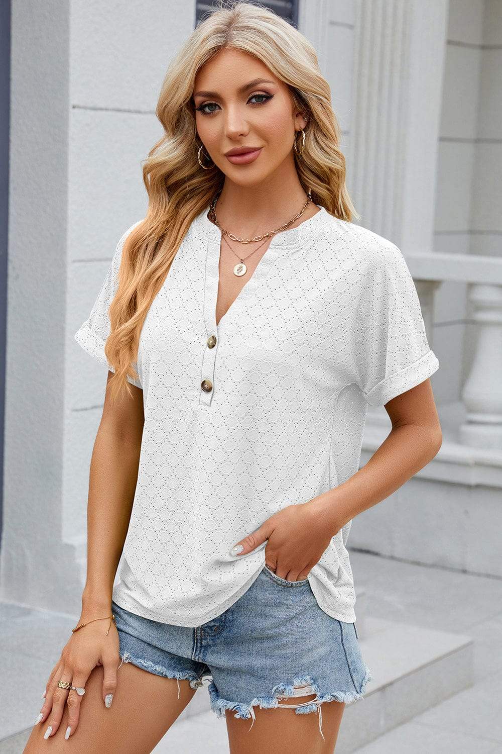 Eyelet Notched Short Sleeve T-Shirt - Trendsi - Flyclothing LLC