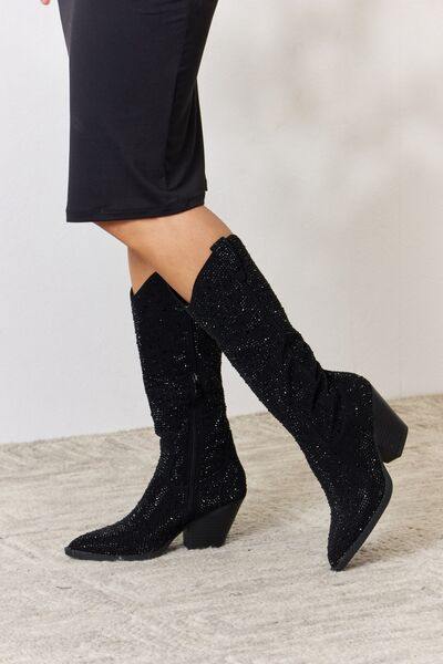 Forever Link Rhinestone Knee High Cowboy Boots - Trendsi