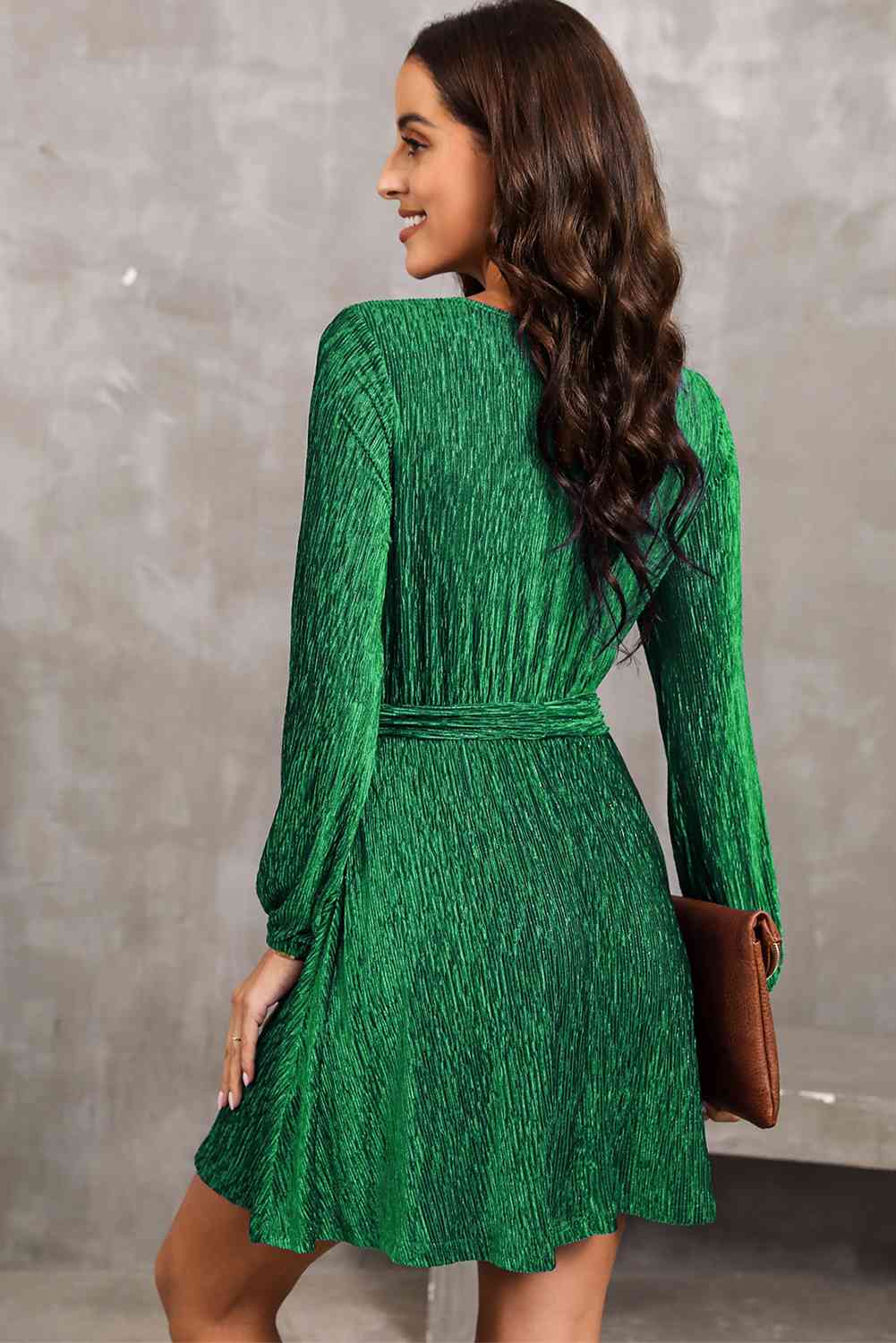 Round Neck Tie Front Long Sleeve Dress - Trendsi - Flyclothing LLC