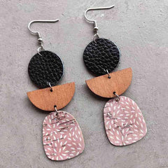 Leather & Wood Drop Earrings - Trendsi