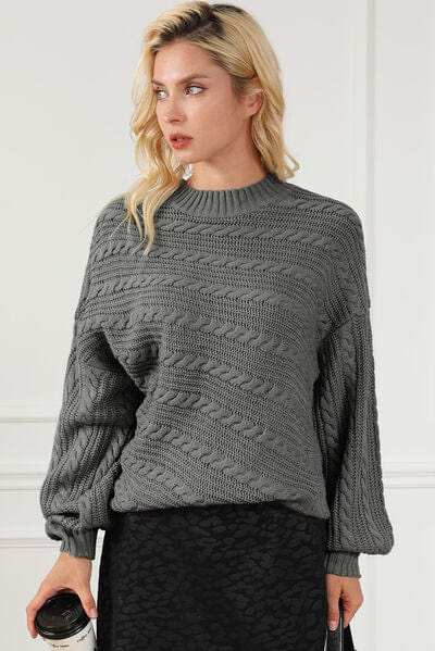 Cable-Knit Mock Neck Dropped Shoulder Sweater - Trendsi - Flyclothing LLC