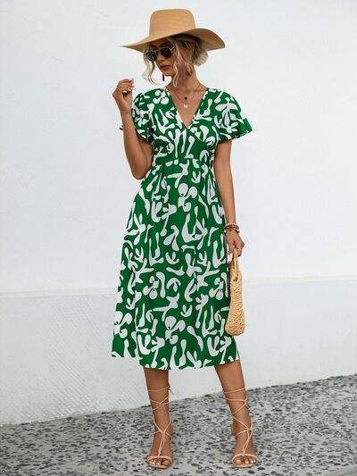 Printed V-Neck Short Sleeve Dress - Trendsi - Flyclothing LLC