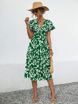 Printed V-Neck Short Sleeve Dress - Trendsi - Flyclothing LLC