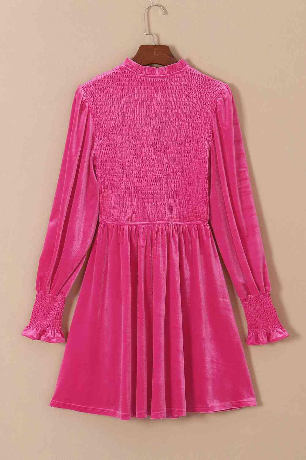 Smocked Round Neck Long Sleeve Dress - Flyclothing LLC