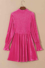 Smocked Round Neck Long Sleeve Dress - Flyclothing LLC