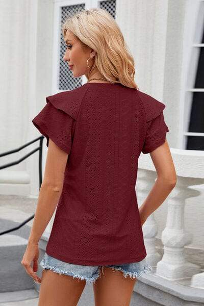 Eyelet Notched Short Sleeve T-Shirt - Trendsi - Flyclothing LLC