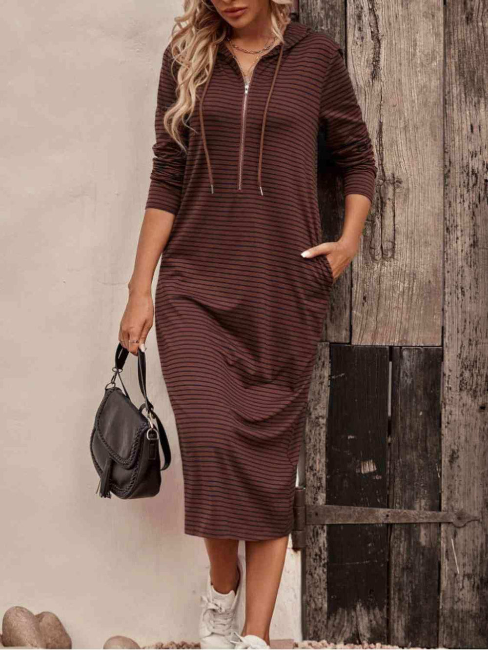 Striped Zip Front Hooded Dress - Trendsi - Flyclothing LLC