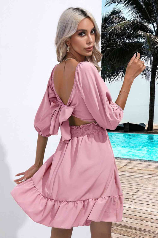 Square Neck Tie Back Ruffle Hem Dress - Flyclothing LLC