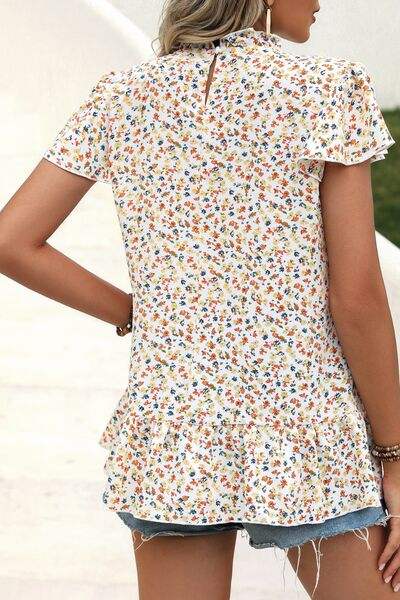 Ditsy Floral Mock Neck Short Sleeve T-Shirt - Trendsi - Flyclothing LLC