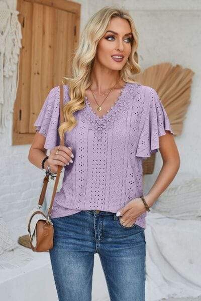 Eyelet Applique V-Neck Cap Sleeve T-Shirt - Trendsi - Flyclothing LLC