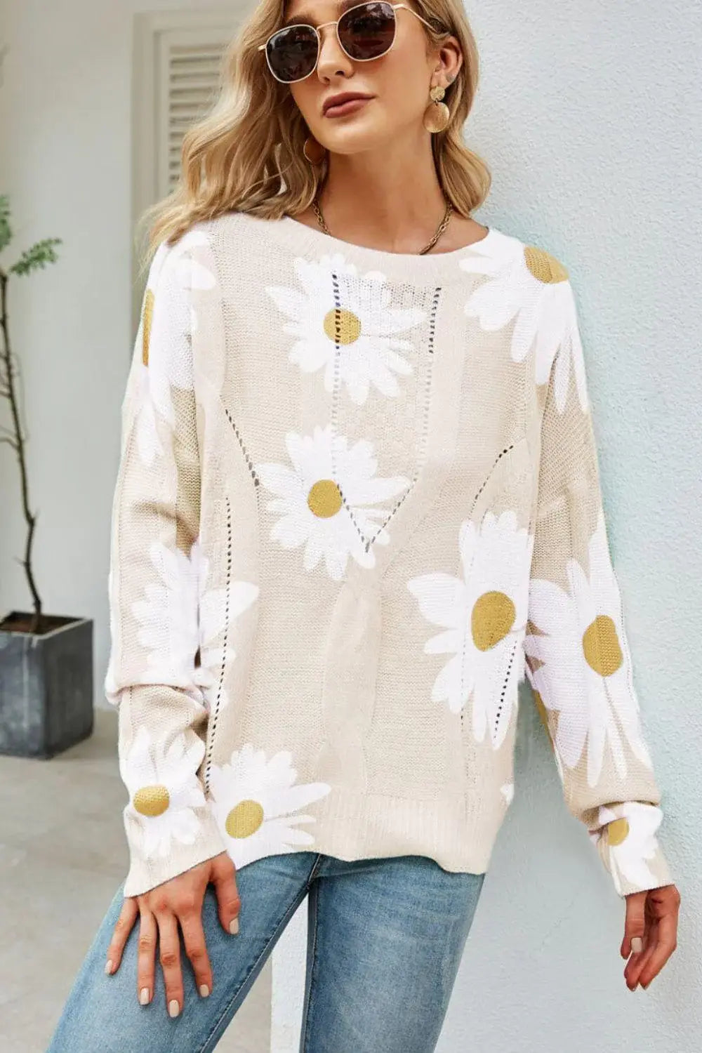 Daisy Print Openwork Round Neck Sweater - Trendsi - Flyclothing LLC