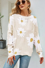 Daisy Print Openwork Round Neck Sweater - Trendsi - Flyclothing LLC