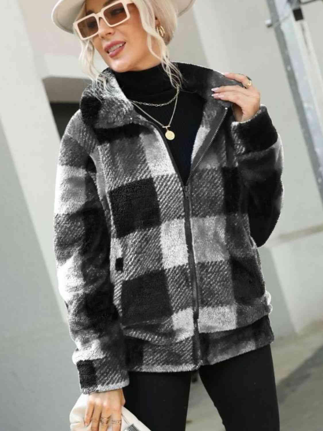 Plaid Zip-Up Collared Jacket - Trendsi