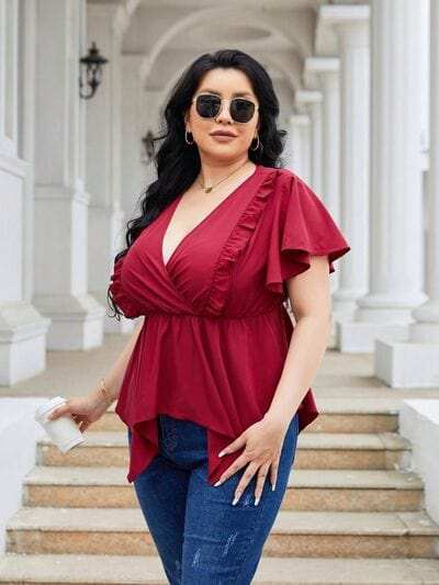 Plus Size Frill Surplice Flutter Sleeve Blouse - Trendsi - Flyclothing LLC