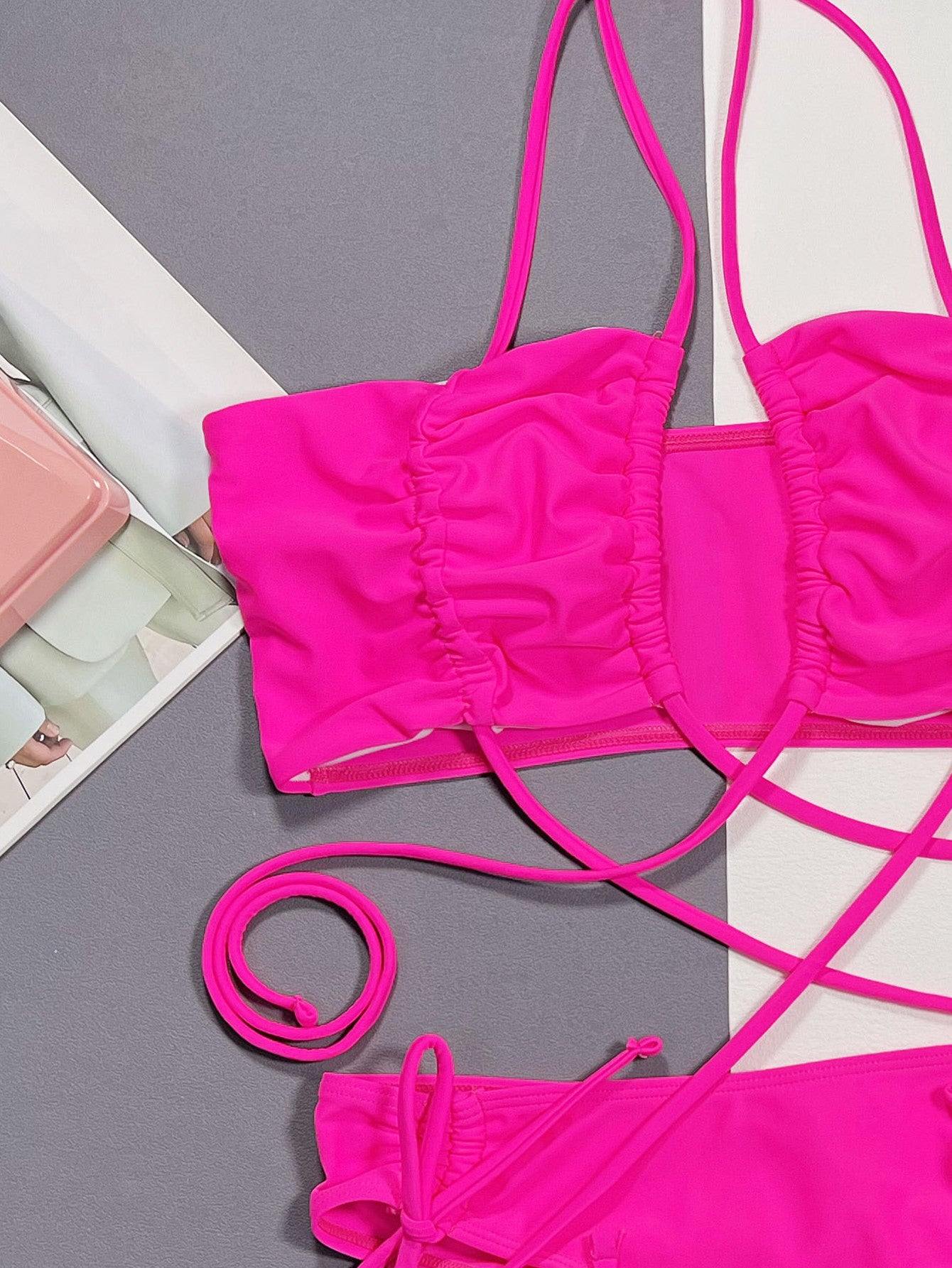 Halter Neck Drawstring Detail Bikini Set - Trendsi