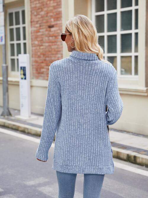 Ribbed Turtleneck Long Sleeve Slit Knit Top - Trendsi - Flyclothing LLC