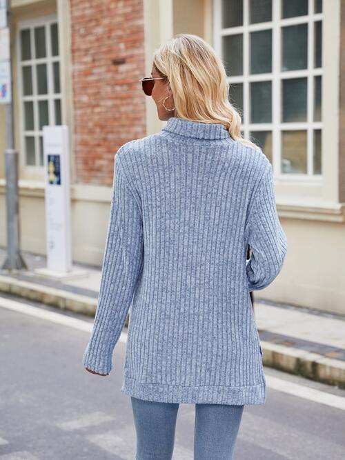 Ribbed Turtleneck Long Sleeve Slit Knit Top - Trendsi - Flyclothing LLC