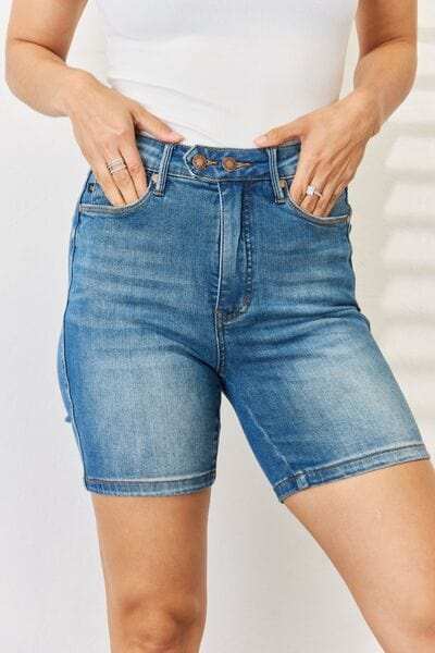 Judy Blue Full Size Tummy Control Double Button Bermuda Denim Shorts - Trendsi - Flyclothing LLC