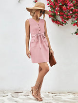 Buttoned V-Neck Belted Sleeveless Dress - Trendsi - Flyclothing LLC
