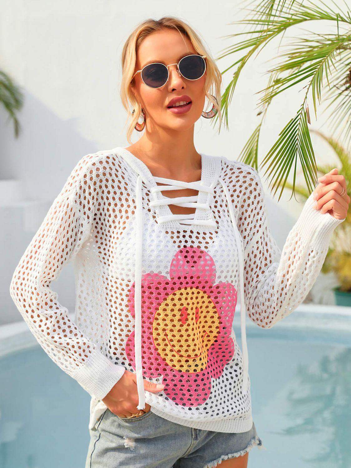 Flower Graphic Lace-Up Openwork Hooded Cover Up - Trendsi - Flyclothing LLC