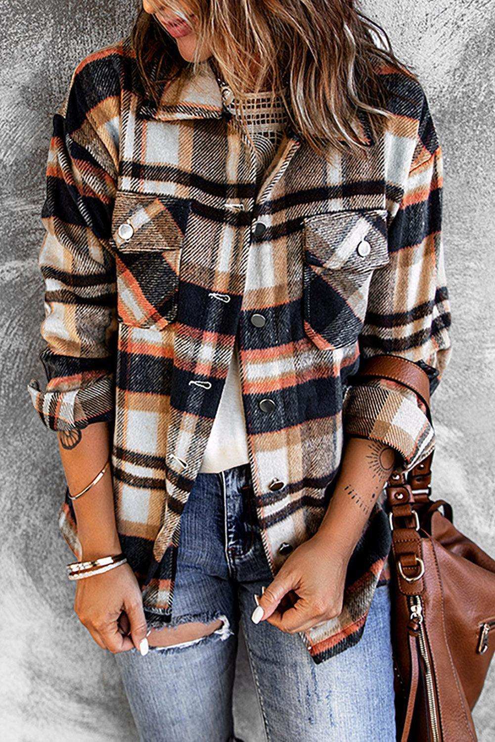 Plaid Button Front Shirt Jacket with Breast Pockets - Trendsi - Flyclothing LLC