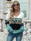 Leopard Color Block V-Neck Sweater - Trendsi