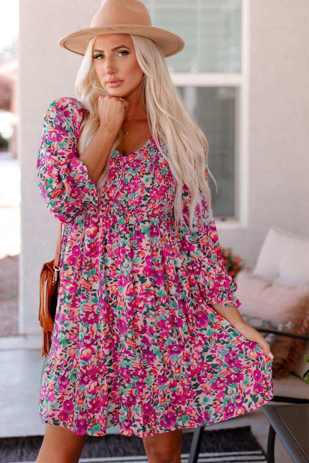Floral Smocked V-Neck Flounce Sleeve Dress - Trendsi - Flyclothing LLC