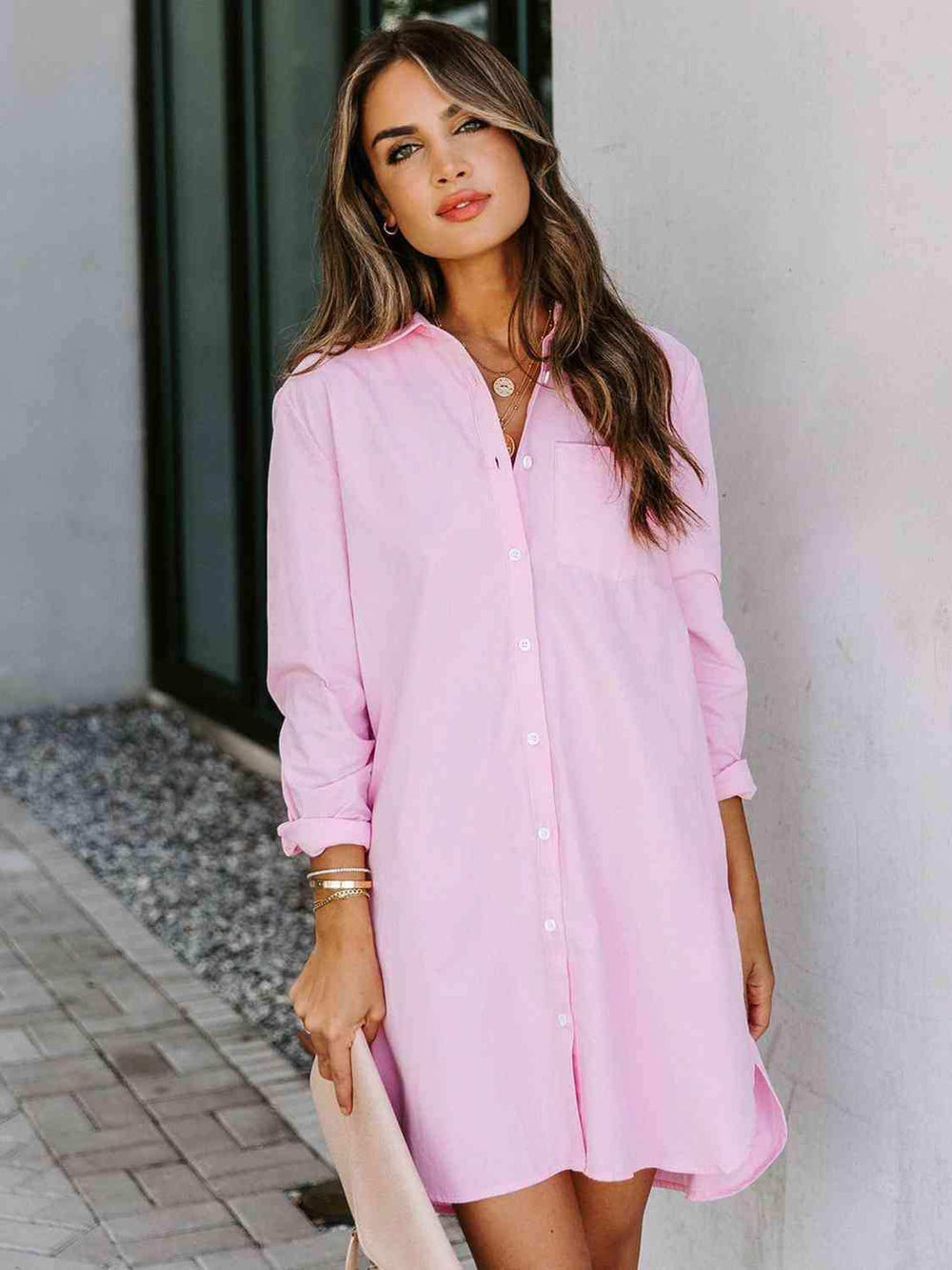 Button Up Collared Neck Long Sleeve Shirt Dress - Trendsi - Flyclothing LLC
