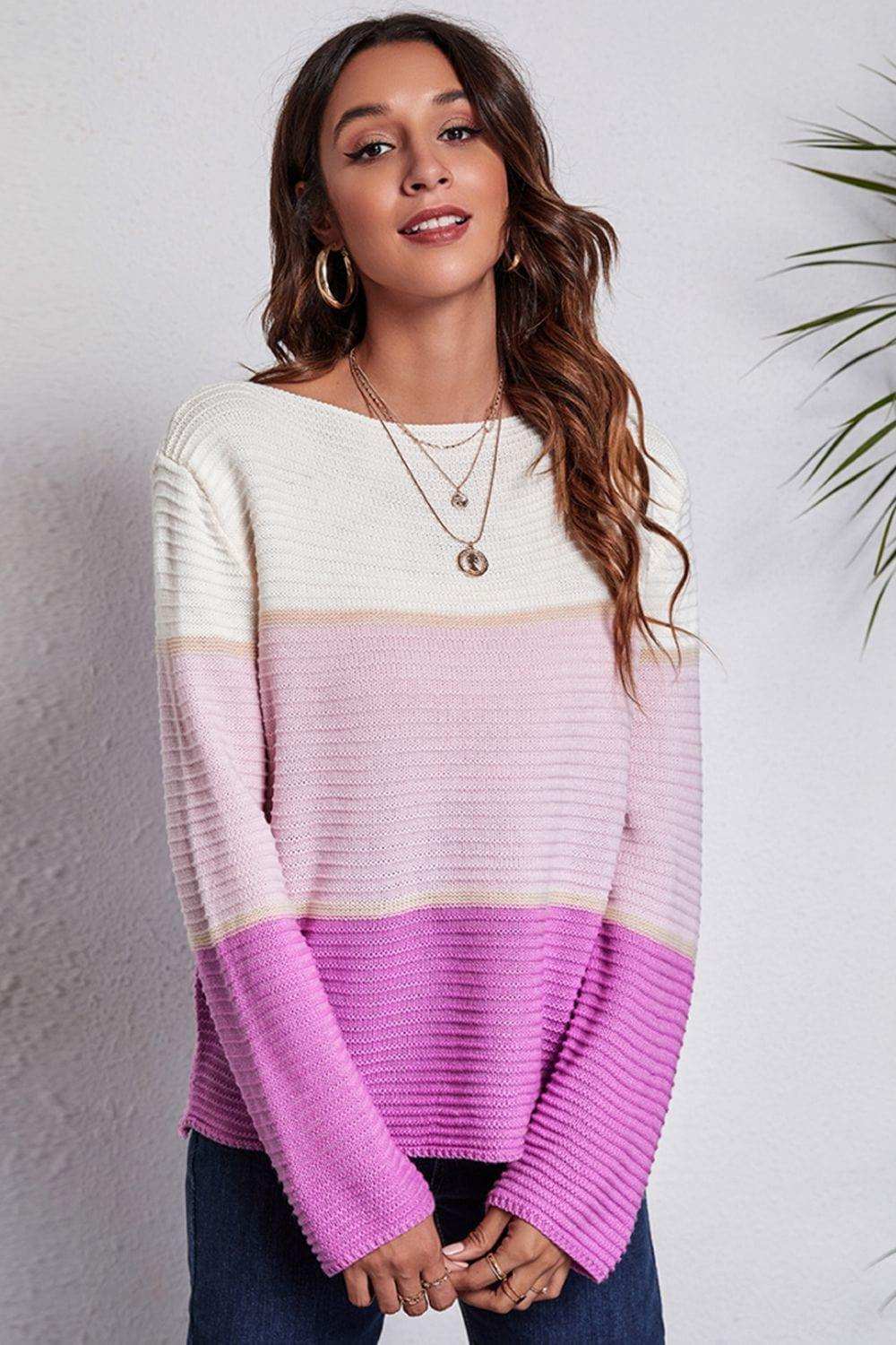 Color Block Horizontal Ribbing Sweater - Trendsi - Flyclothing LLC