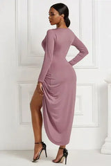 High-low Ruched Surplice Long Sleeve Dress - Trendsi - Flyclothing LLC