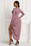 High-low Ruched Surplice Long Sleeve Dress - Trendsi - Flyclothing LLC