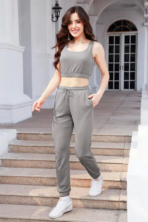 Waffle-Knit Cropped Tank and Drawstring Pants Set - Trendsi - Flyclothing LLC