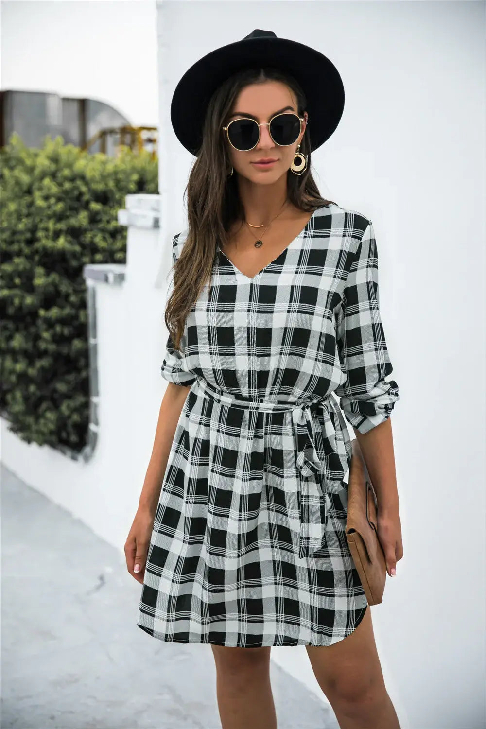 Plaid V-Neck Tie Waist Dress - Trendsi - Flyclothing LLC