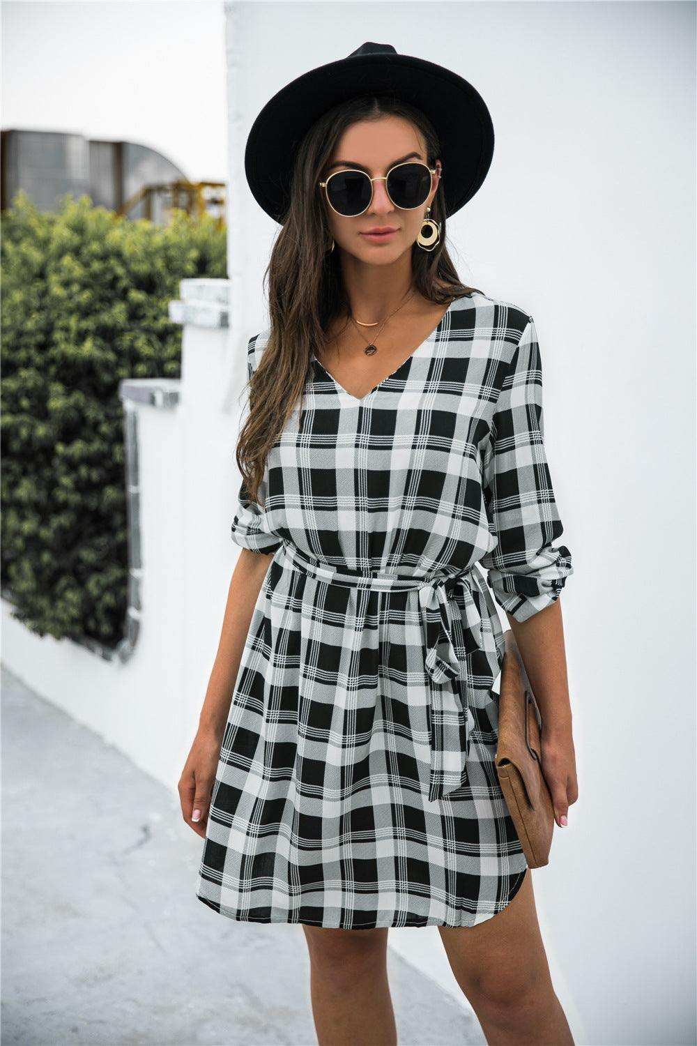 Plaid V-Neck Tie Waist Dress - Trendsi - Flyclothing LLC