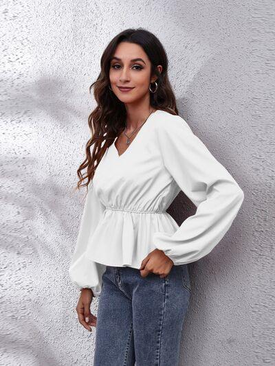 V-Neck Balloon Sleeve Peplum Blouse - Flyclothing LLC