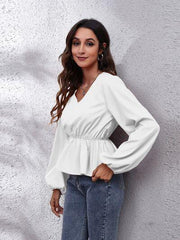 V-Neck Balloon Sleeve Peplum Blouse - Flyclothing LLC