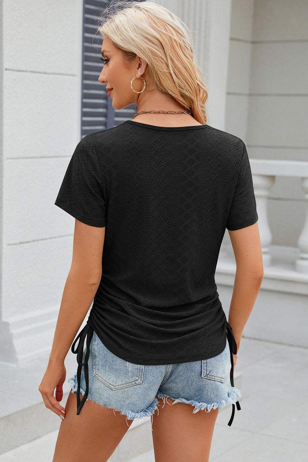 Eyelet Round Neck Short Sleeve T-Shirt - Trendsi - Flyclothing LLC