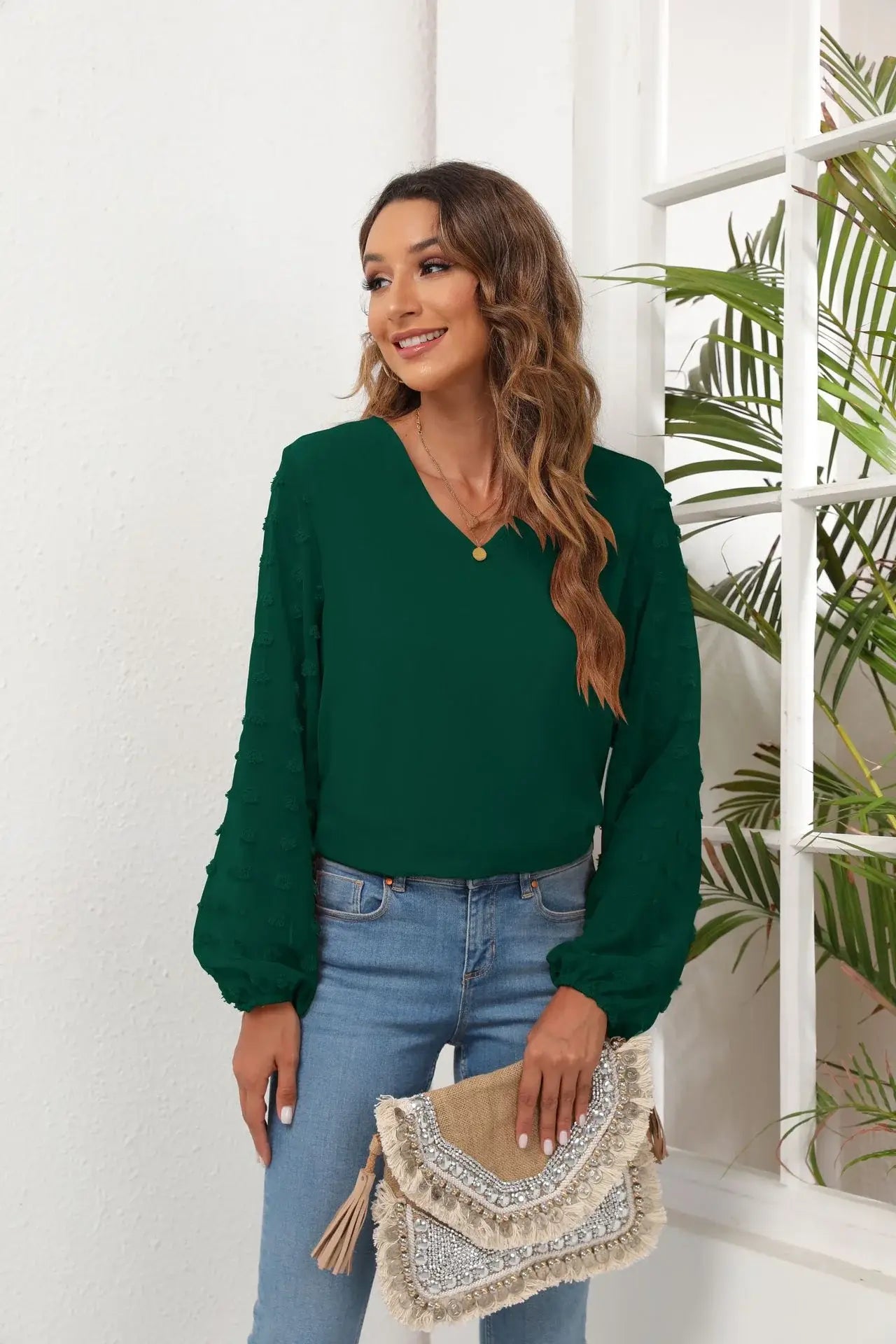 Swiss Dot Balloon Sleeve Blouse - Trendsi - Flyclothing LLC