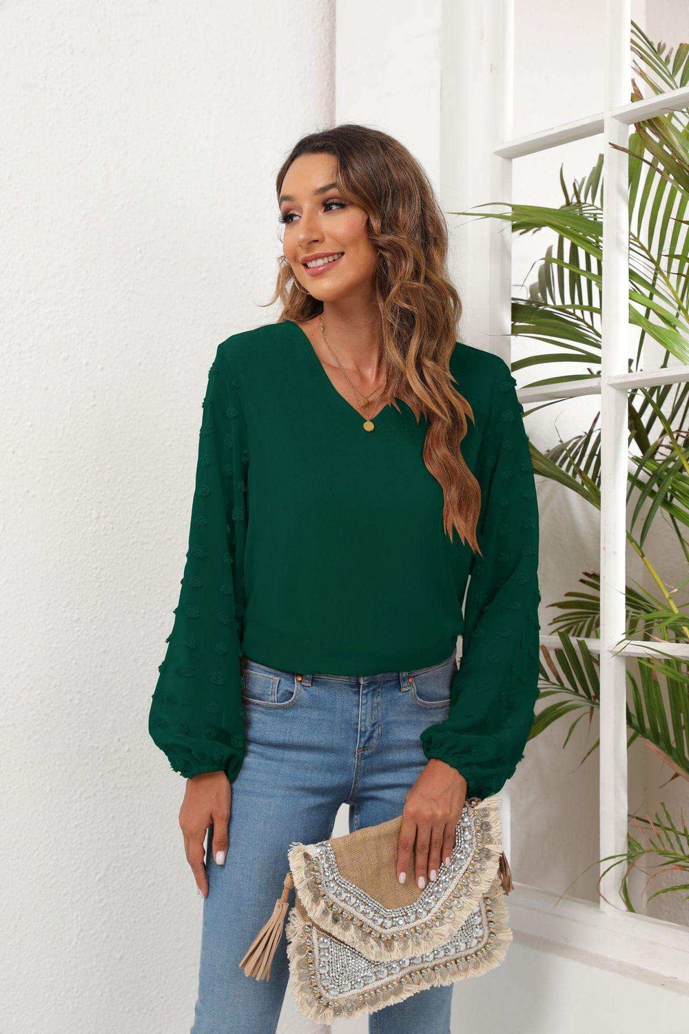 Swiss Dot Balloon Sleeve Blouse - Trendsi - Flyclothing LLC