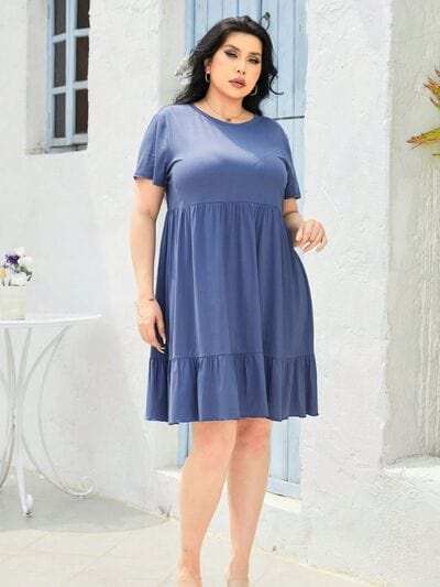 Plus Size Round Neck Short Sleeve Dress - Trendsi - Flyclothing LLC