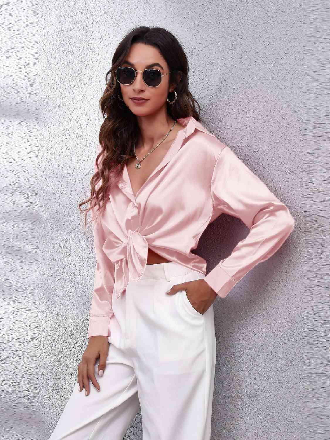 Collared Neck Buttoned Long Sleeve Shirt - Trendsi