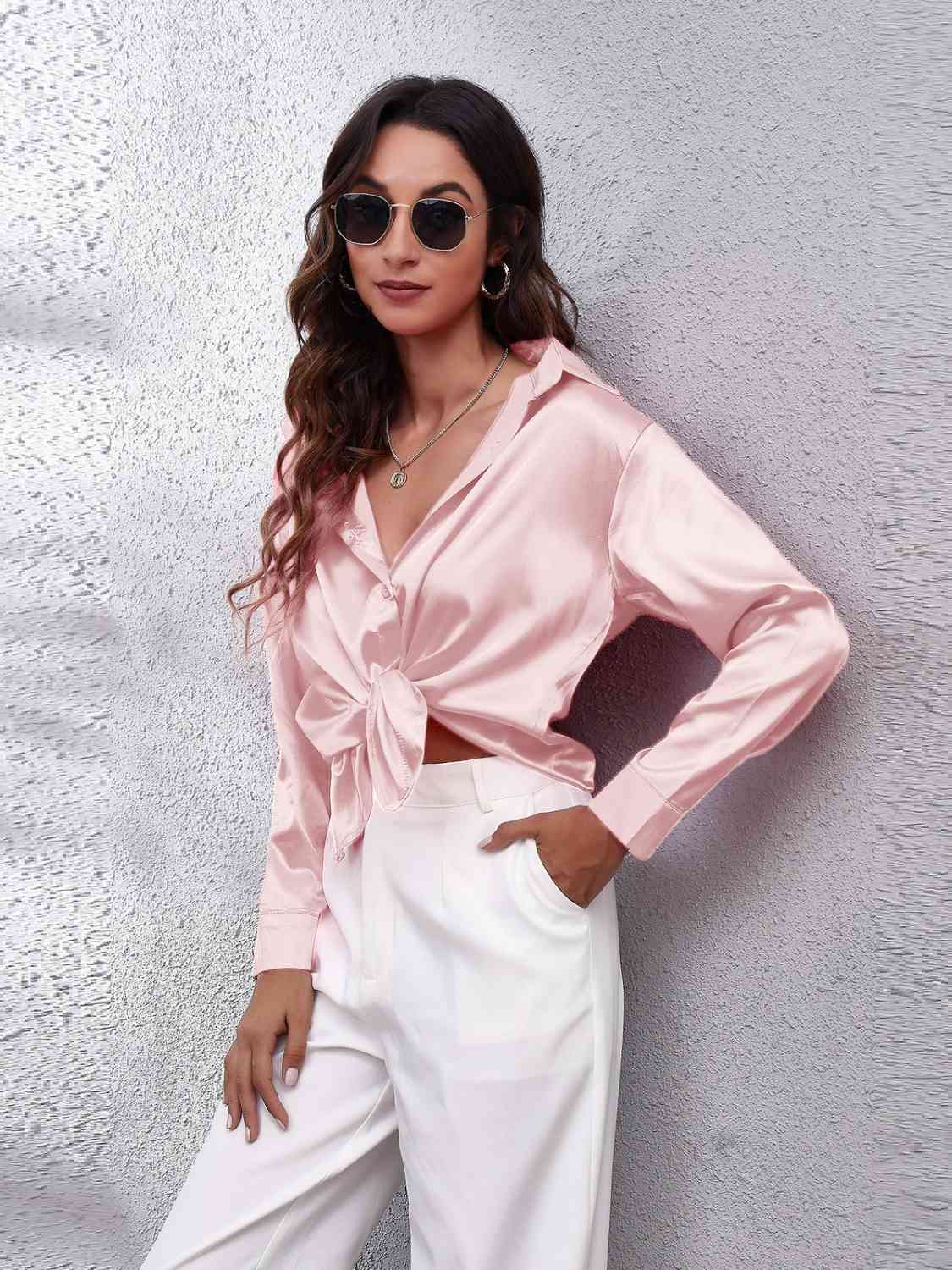 Collared Neck Buttoned Long Sleeve Shirt - Trendsi - Flyclothing LLC